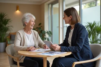 Une femme senior et une conseillère en résidence discutent des options d'accompagnement pour personnes âgées à Lille