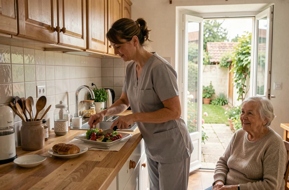 Une aide à domicile de l'ADAR Sarthe prépare un repas pour une personne âgée dans sa cuisine