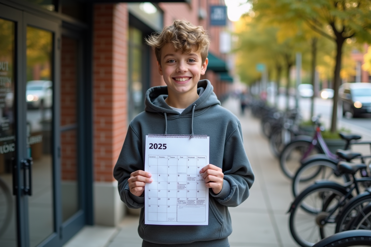 Adolescent souriant avec calendrier 2025 devant la bibliothèque