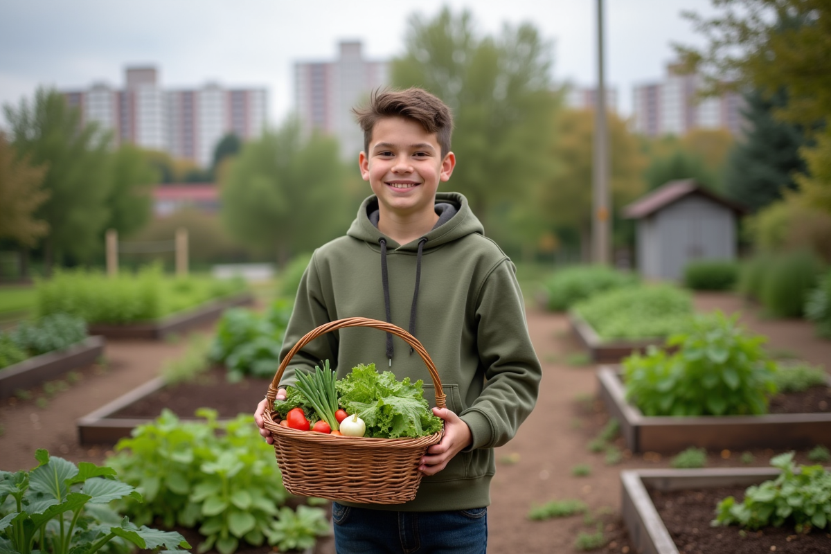 Jeune garçon avec panier de légumes dans un jardin communautaire