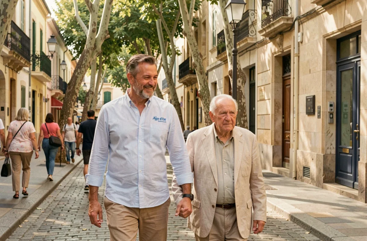 Un accompagnant de Age d'Or Services Montpellier promène un senior dans les rues ensoleillées du centre-ville de Montpellier.