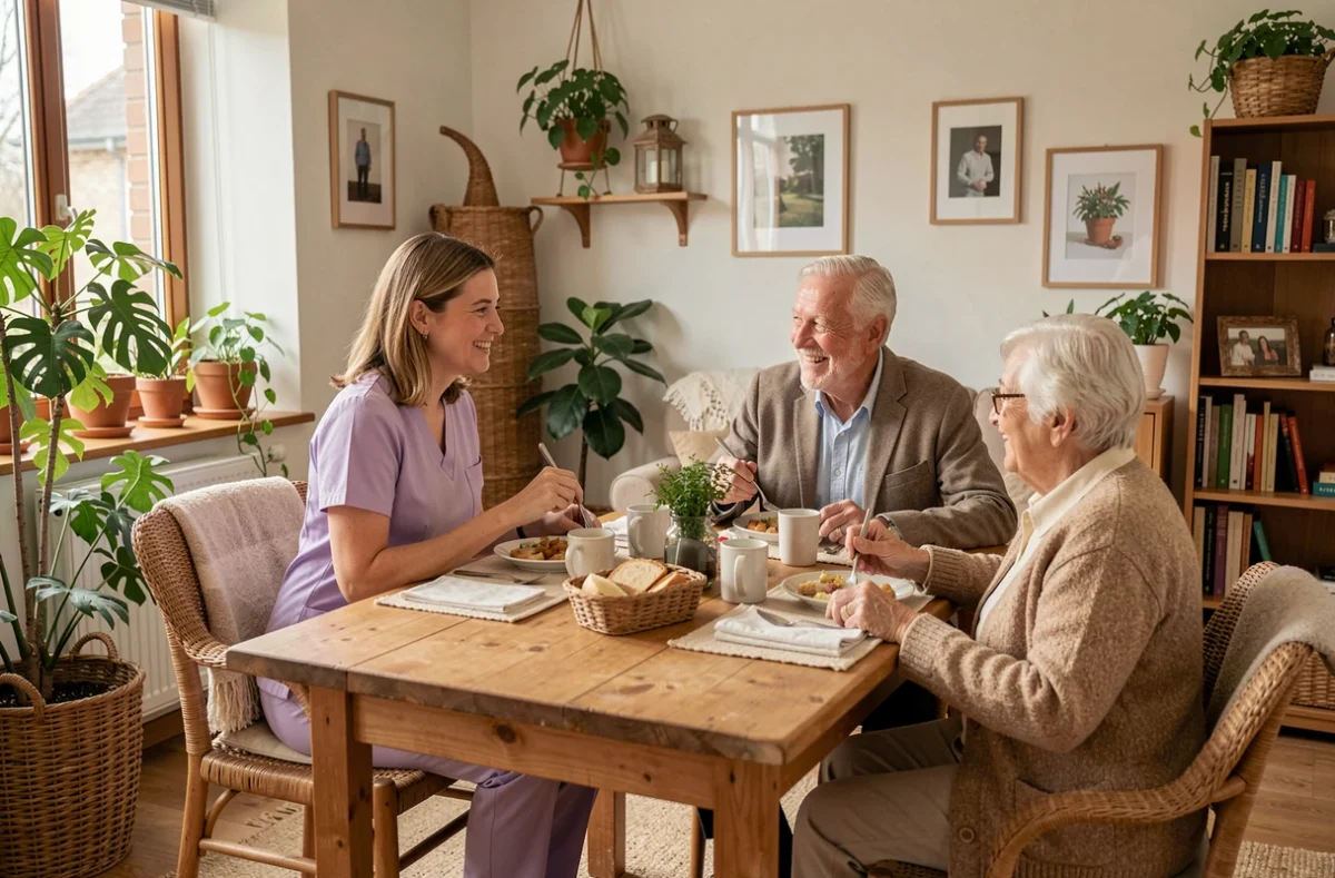 Un repas partagé entre résidents et soignante dans une maison Âges et Vie de la Sarthe, ambiance familiale et chaleureuse