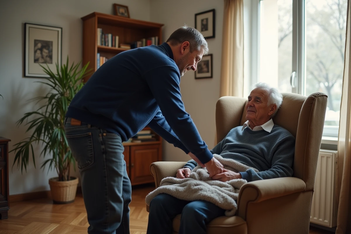 Aidant familial prenant soin d'un proche âgé à domicile, illustrant les droits des aidants et l'évaluation GIR