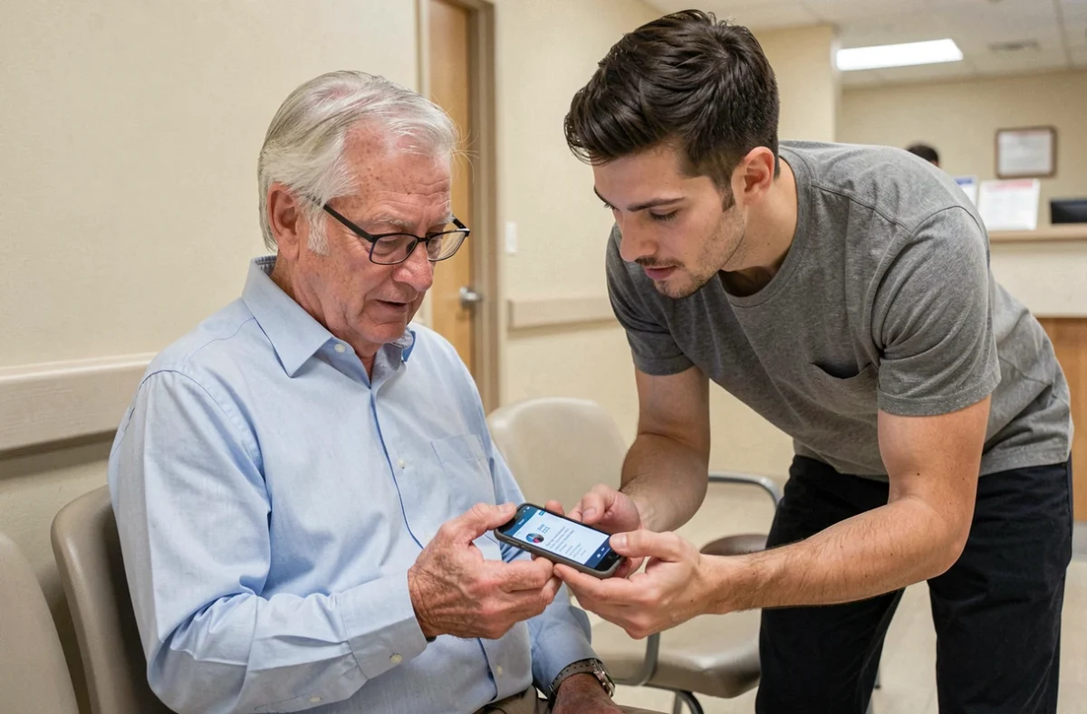 Un aidant familial accompagnant une personne sous tutelle dans l'utilisation de l'application Mon Proxima en salle d'attente médicale