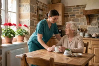 Une aide à domicile professionnelle assiste une personne âgée chez elle dans la Sarthe, scène chaleureuse et réaliste dans une cuisine française traditionnelle