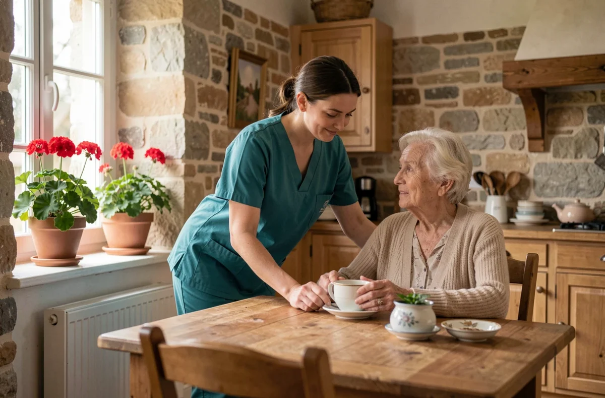 Une aide à domicile professionnelle assiste une personne âgée chez elle dans la Sarthe, scène chaleureuse et réaliste dans une cuisine française traditionnelle