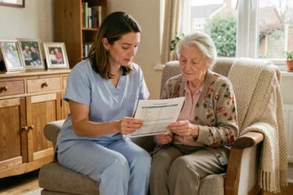 Aide à domicile et patiente âgée en maison revoyant ensemble un planning de soins après un retour d'hospitalisation