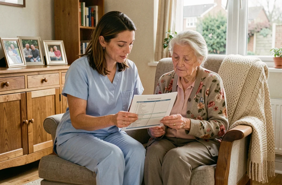 Aide à domicile et patiente âgée en maison revoyant ensemble un planning de soins après un retour d'hospitalisation