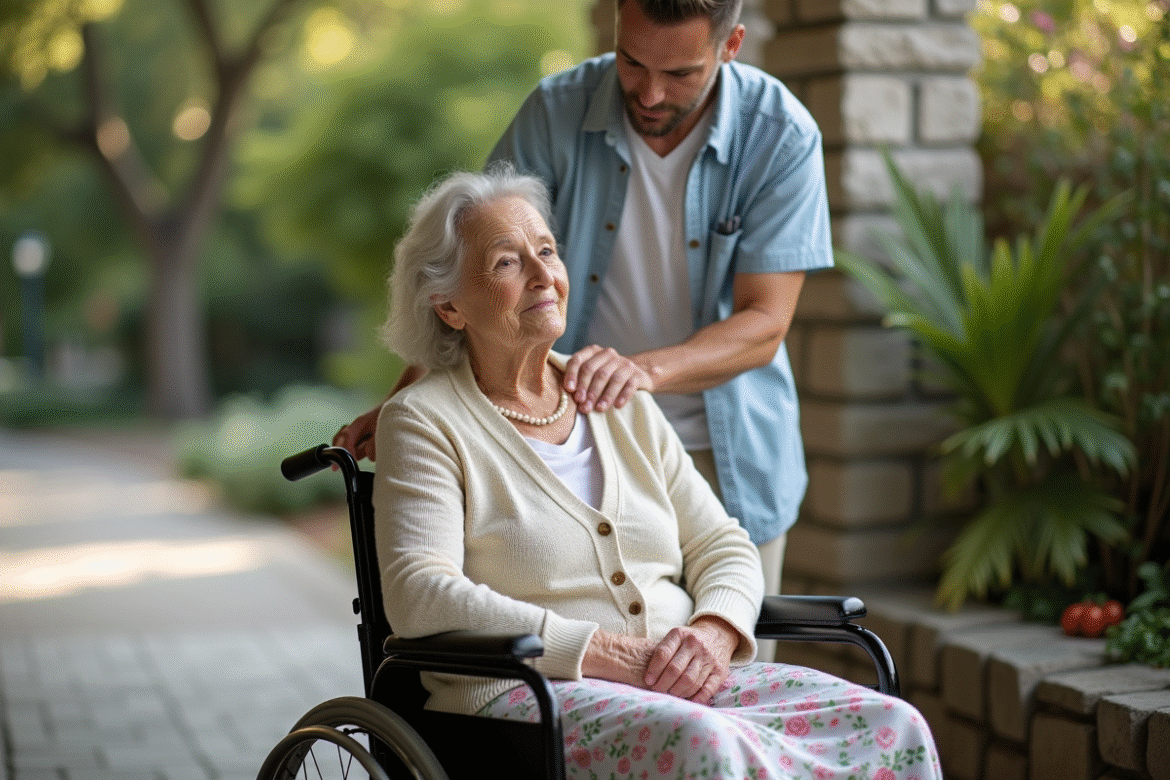 Femme âgée en fauteuil guidée par un aidant dehors