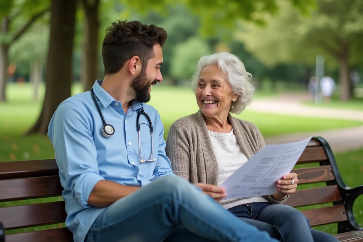 Jeune aidant parlant avec une personne âgée dans un parc en plein air