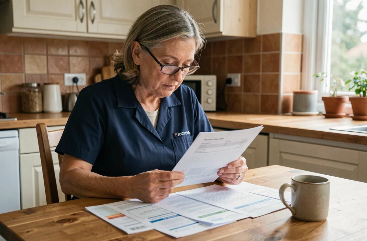 Aide-soignante à la retraite étudiant ses documents de pension et de salaire à la maison