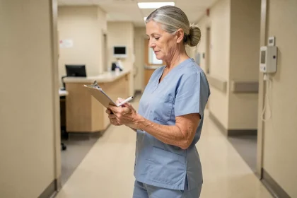 Aide-soignante retraitée en blouse médicale bleue consultant des documents dans un couloir d'hôpital moderne