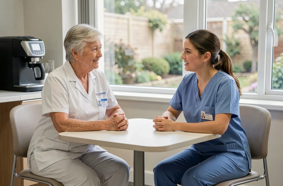 Aide-soignante senior et collègue discutant du cumul emploi-retraite dans une salle de pause d'établissement de soins