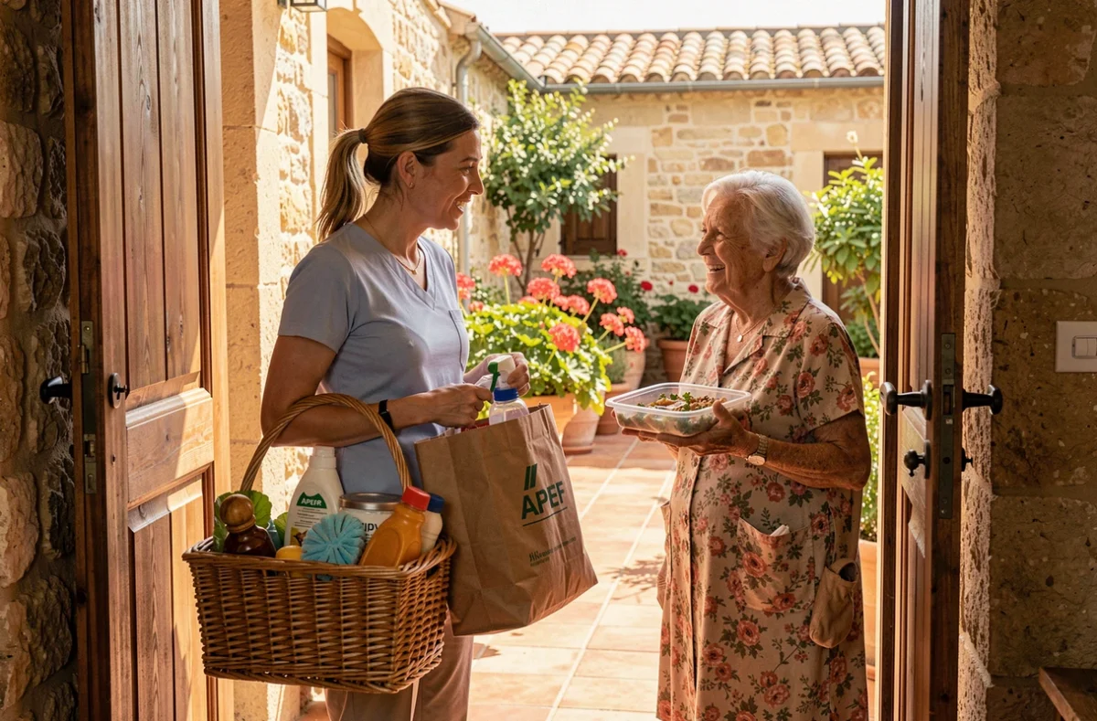 Une intervenante multiservice de l'agence APEF Agde livre des courses et apporte son aide à une personne âgée dans une maison méditerranéenne.