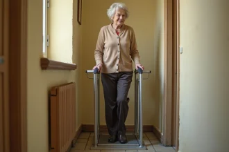 Femme âgée utilisant un ascenseur portable sans installation dans un couloir d'immeuble ancien