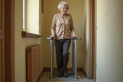 Femme âgée utilisant un ascenseur portable sans installation dans un couloir d'immeuble ancien