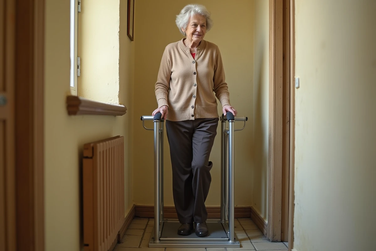Femme âgée utilisant un ascenseur portable sans installation dans un couloir d'immeuble ancien