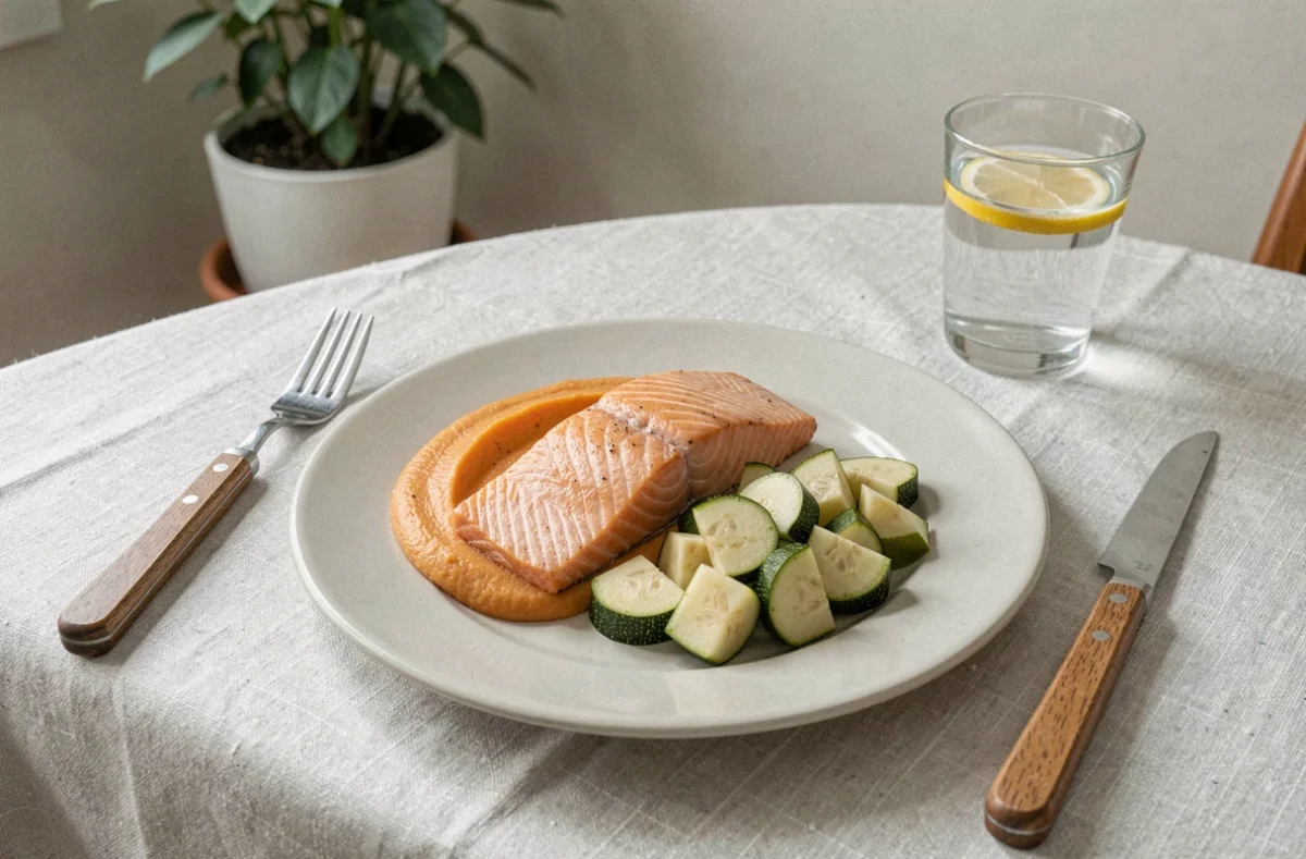 Assiette équilibrée pour senior avec saumon, purée de patate douce et courgettes fondantes, repas à texture adaptée pour personnes âgées
