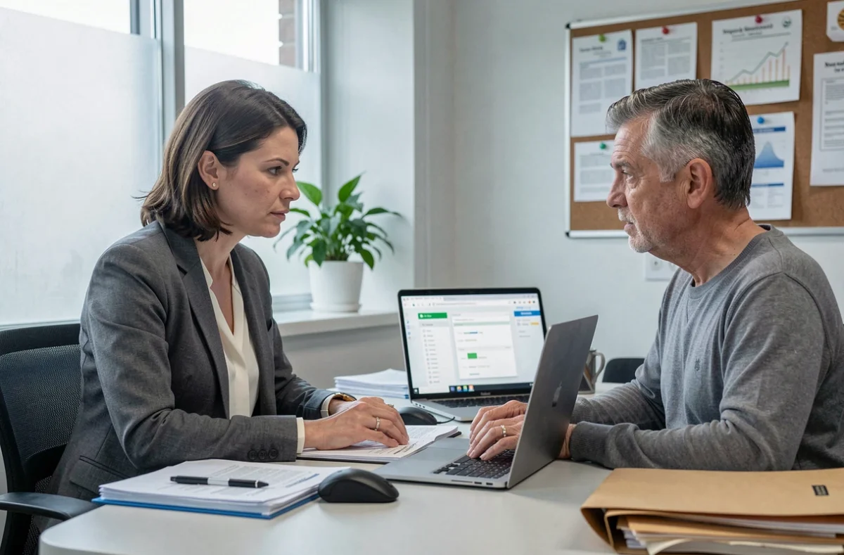 Assistante sociale hospitalière et aidant familial discutant du plan de retour à domicile d'un proche autour de documents de coordination