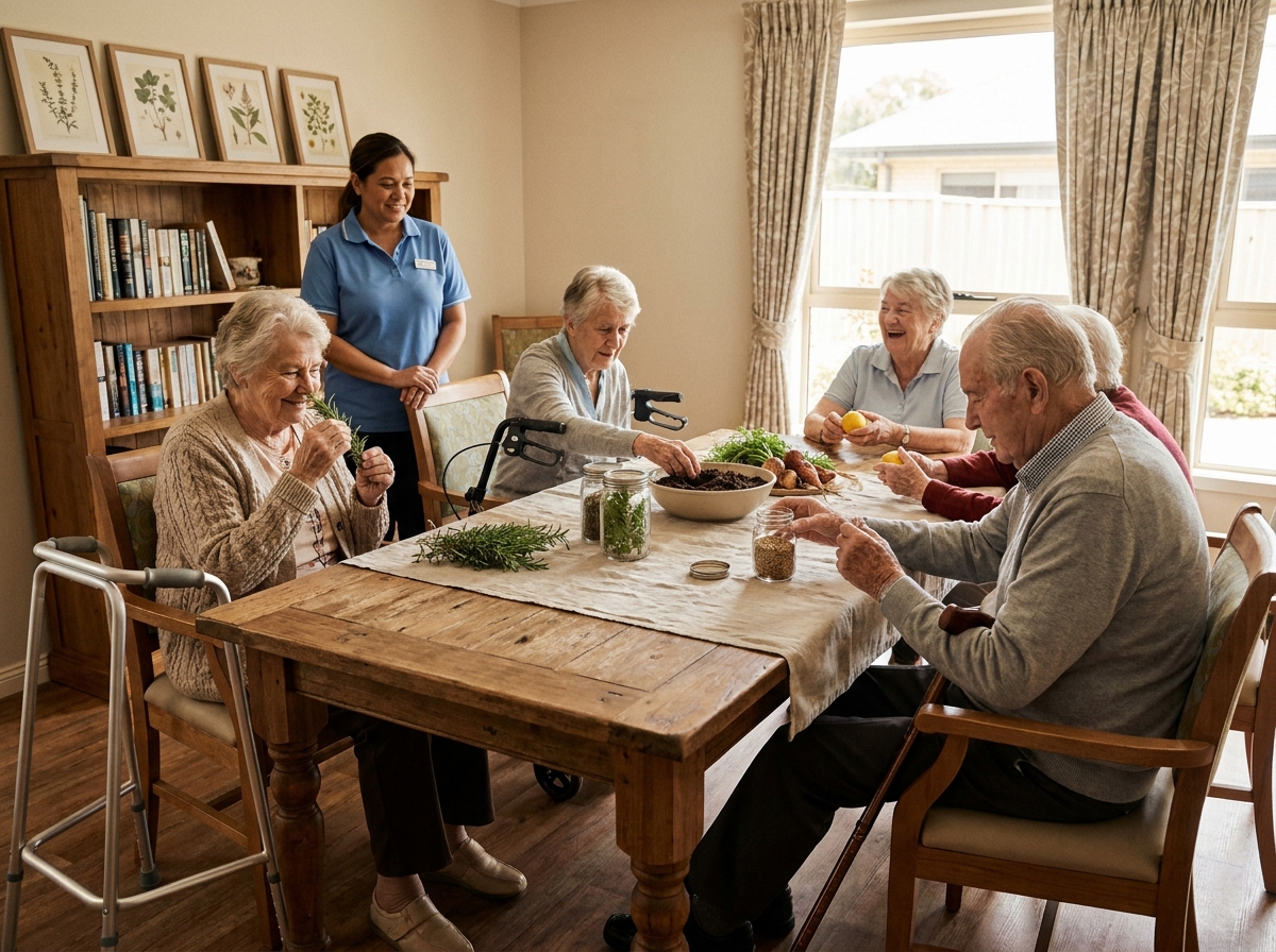 Groupe de résidents très dépendants en atelier sensoriel autour d'aliments et de graines, activité médiation par le vivant en EHPAD