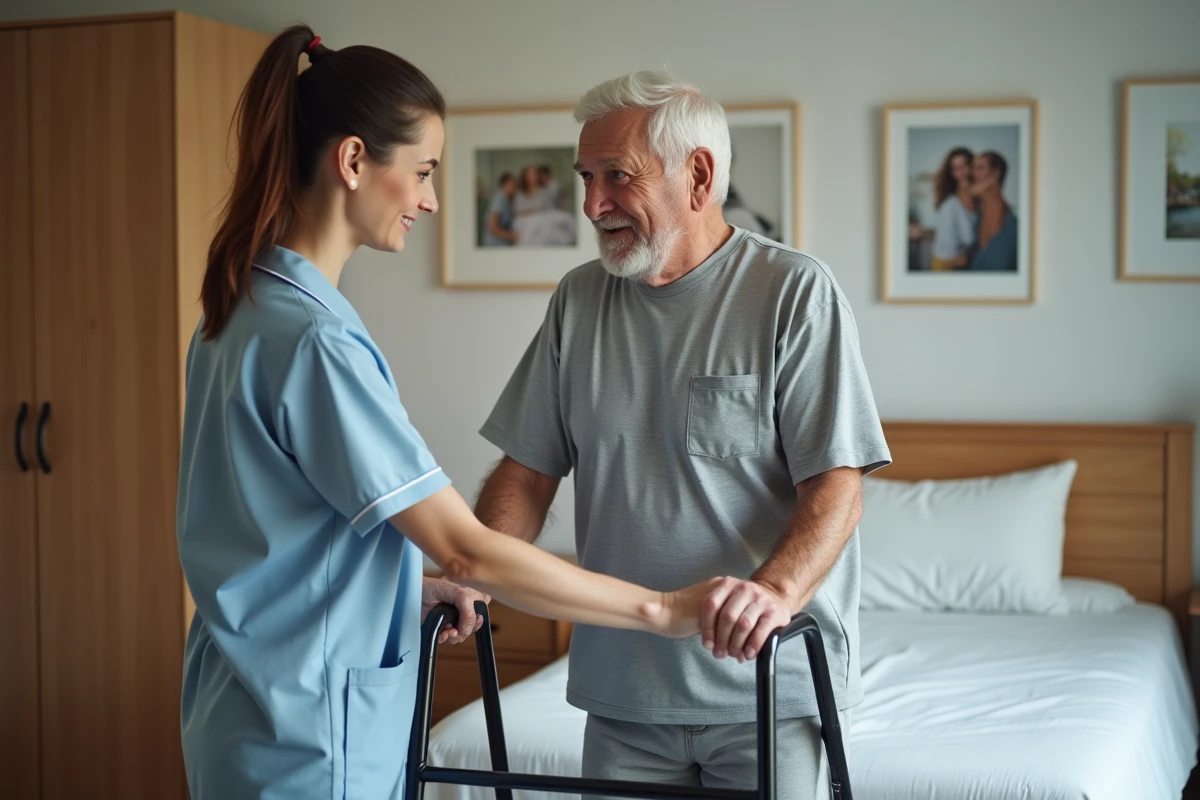 Une aide à domicile accompagne un senior dépendant GIR 2 dans sa chambre pour l'aider à se lever, illustrant les solutions de maintien à domicile.