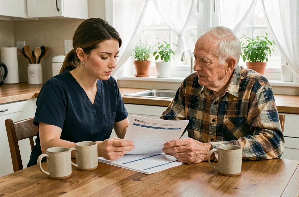 Une aide à domicile professionnelle et un senior organisant ensemble un planning de soins hebdomadaire dans une cuisine familiale