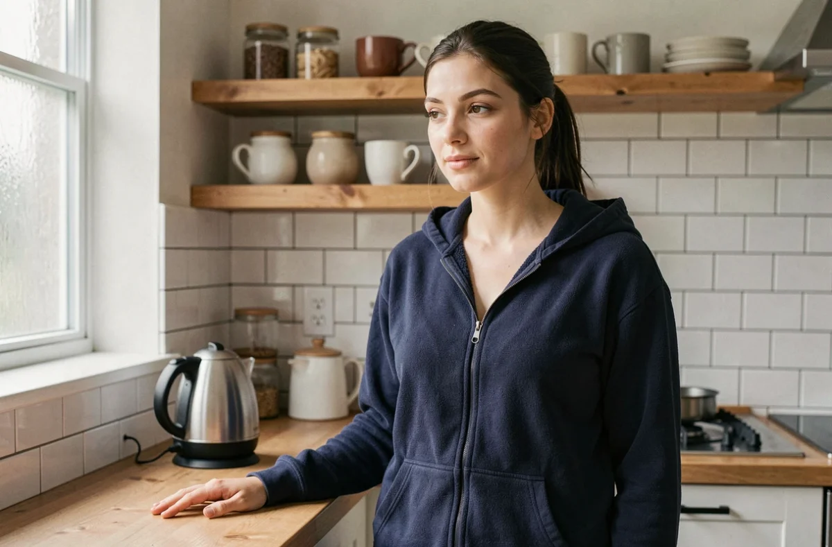 Jeune femme en babygros bleu marine dans une cuisine chaleureuse attendant sa tisane du soir