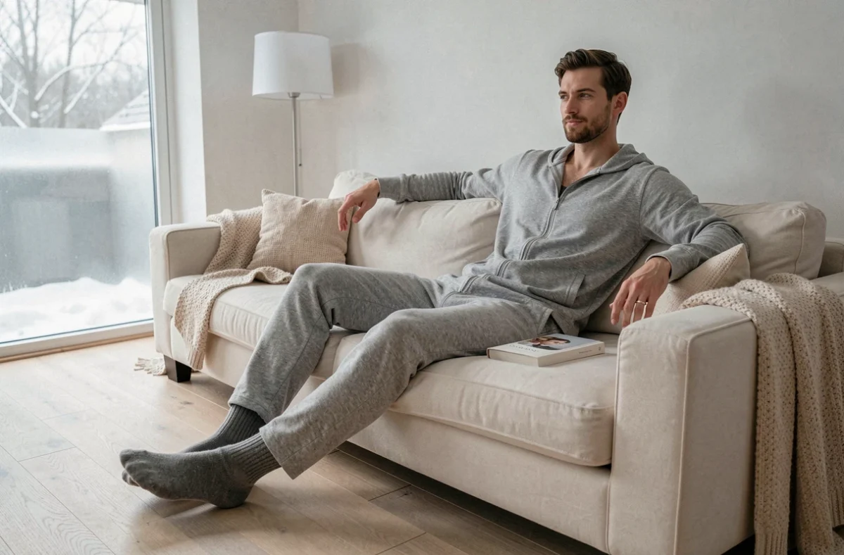Homme adulte en babygros gris confortable allongé sur un canapé scandinave avec des chaussettes en laine
