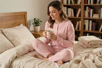 Femme adulte portant un babygros rose pastel comme pyjama bien-être, assise sur un lit douillet avec une tasse de thé