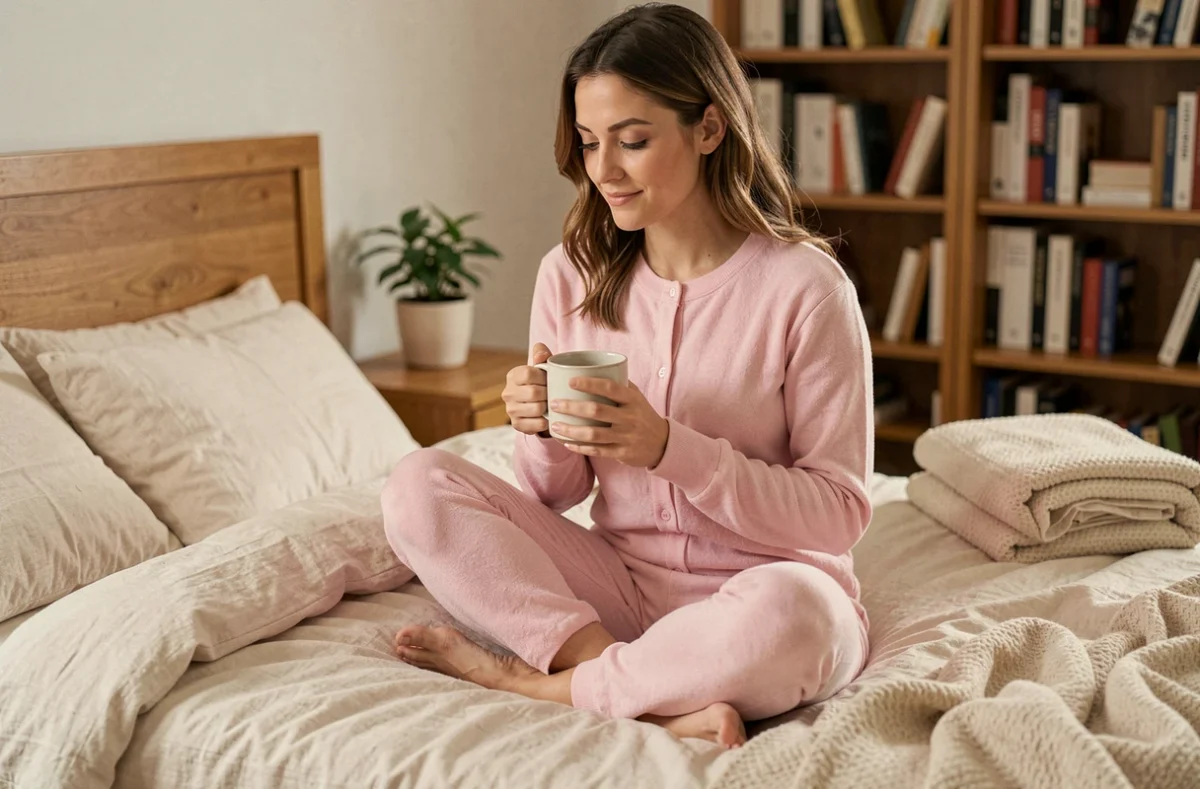 Femme adulte portant un babygros rose pastel comme pyjama bien-être, assise sur un lit douillet avec une tasse de thé