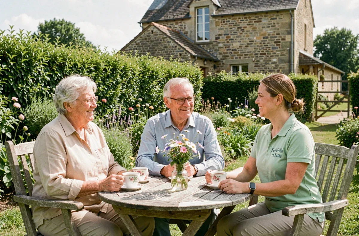 Un couple de seniors accompagné par une auxiliaire de Bien Vieillir en Sarthe dans un jardin ensoleillé de la campagne sarthoise