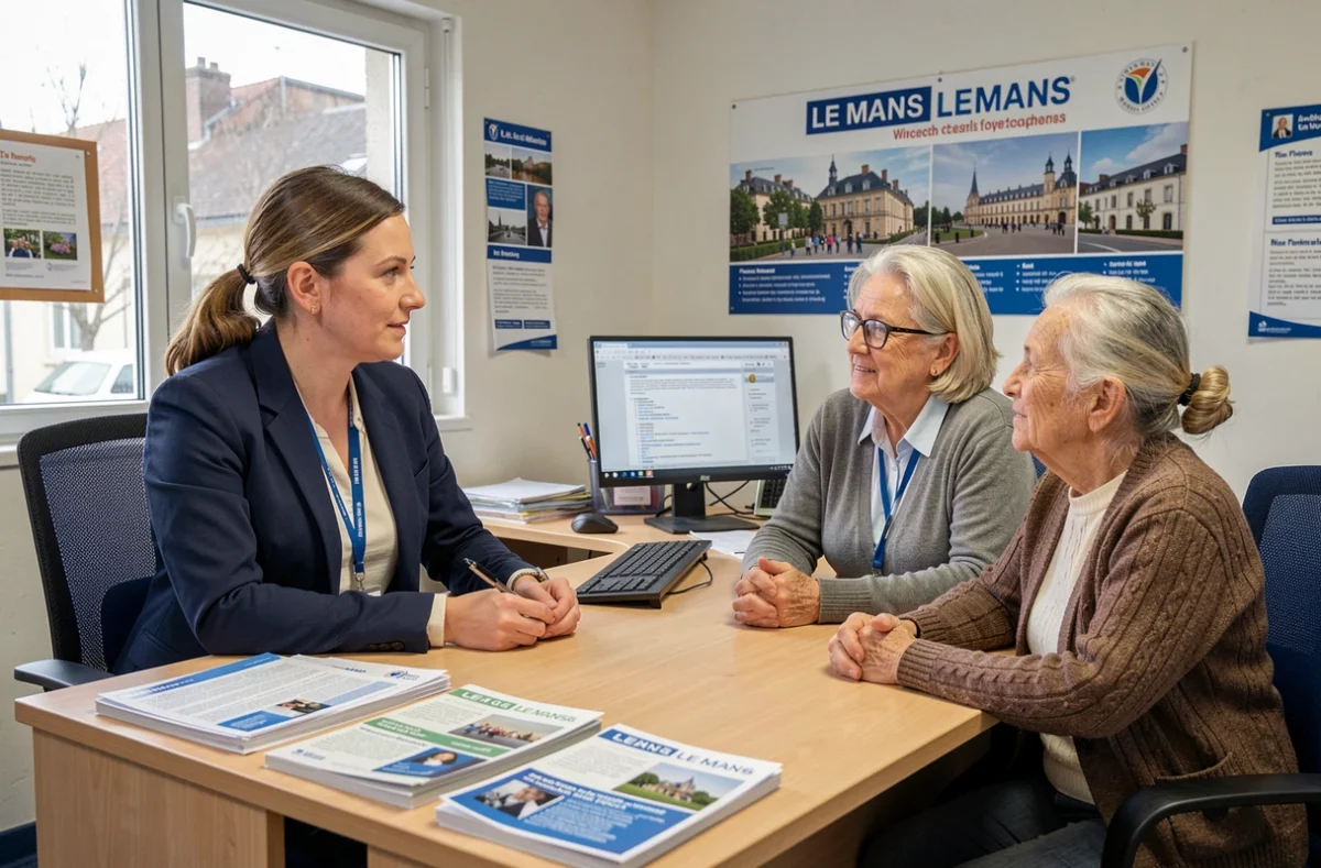Une travailleuse sociale du CCAS du Mans oriente une personne âgée et sa famille dans un bureau municipal