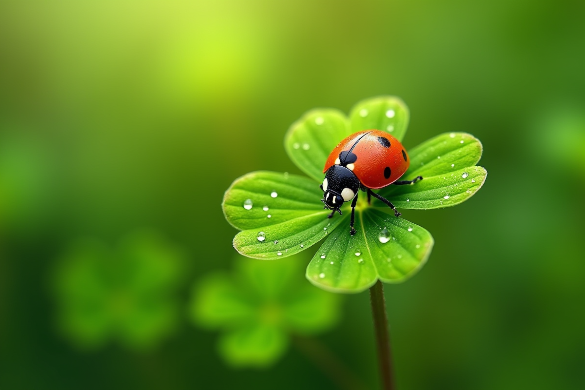 Coccinelle rouge sur une feuille de trèfle vert brillant