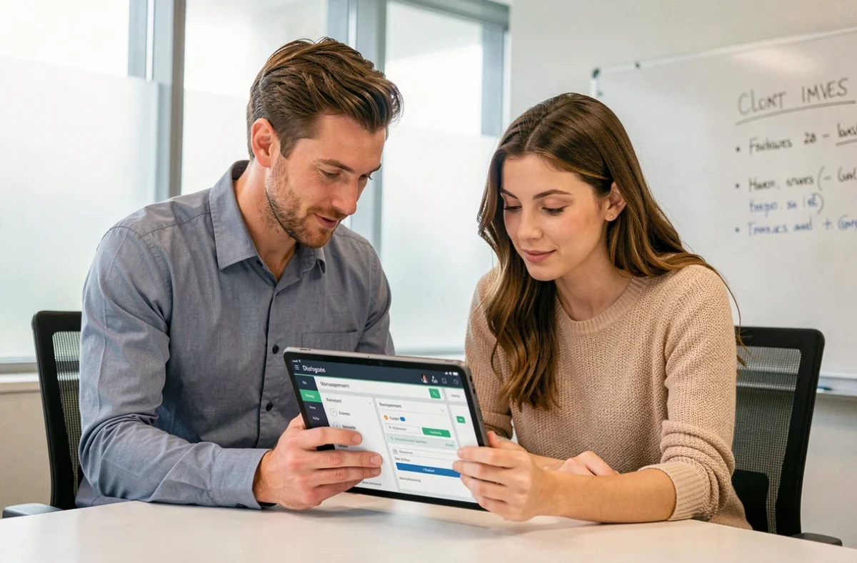 Deux collègues consultant un tableau de bord de gestion de comptes sécurisé sur tablette lors d'une réunion professionnelle
