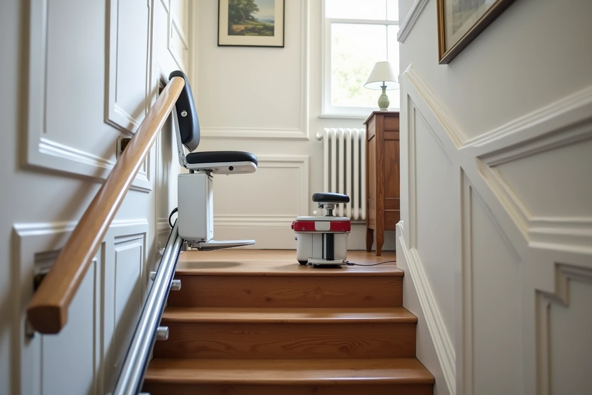 Comparaison côte à côte d'un rail de fauteuil élévateur et d'un monte-escalier portable sur un palier d'escalier en bois