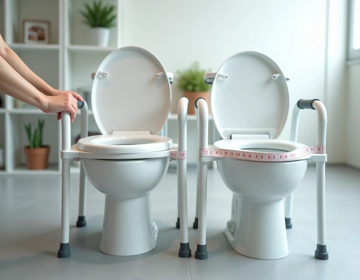 Comparaison de deux modèles de WC surélevés avec différentes hauteurs mesurées, mains d'une personne âgée posées sur l'accoudoir