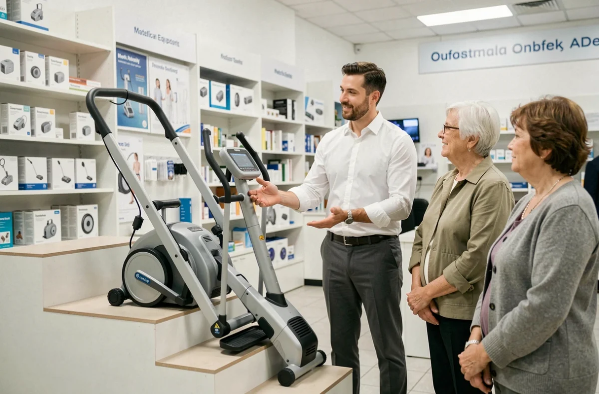 Comparaison entre un monte escaliers électrique et manuel en magasin de matériel médical avec un vendeur et des clients seniors