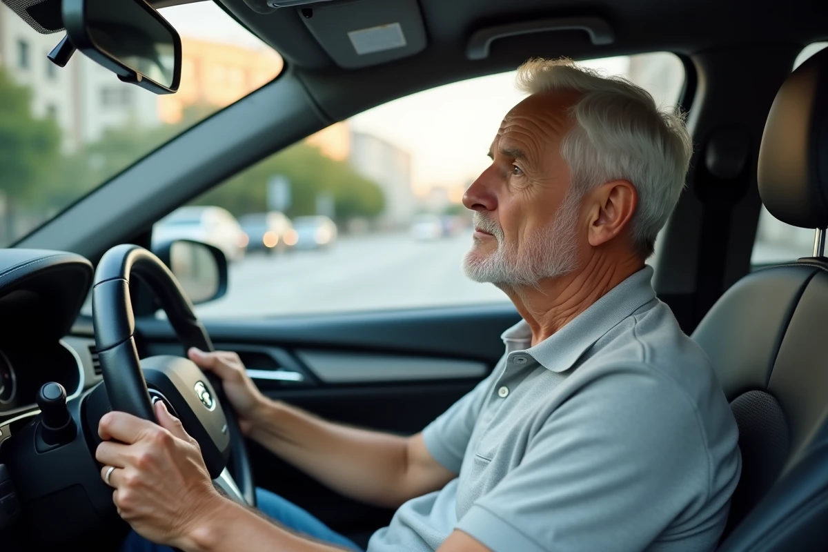 Homme âgé de plus de 70 ans au volant de sa voiture, conduisant sereinement en milieu urbain