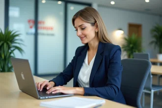 Femme professionnelle connectée à un portail de services en ligne Philia admr sur un ordinateur portable en bureau