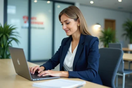Femme professionnelle connectée à un portail de services en ligne Philia admr sur un ordinateur portable en bureau