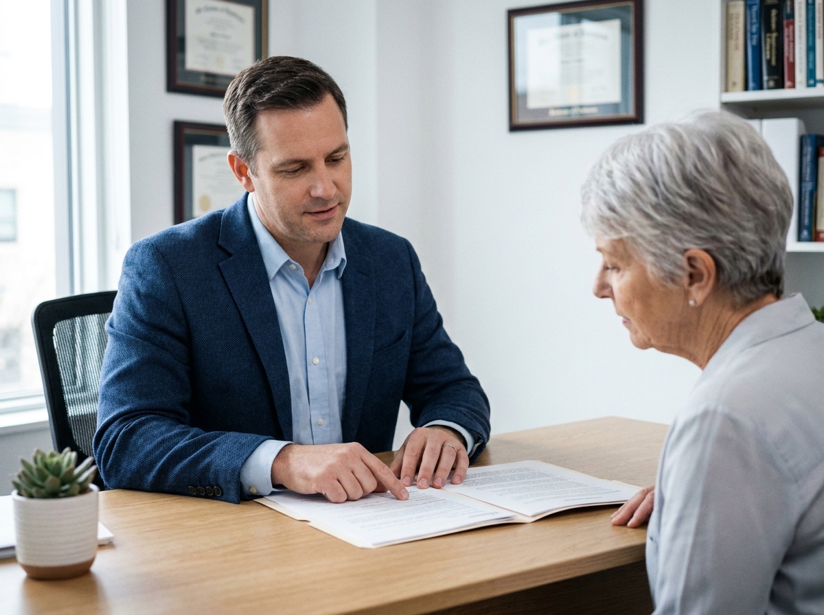 Conseiller funéraire expliquant un contrat obsèques à une cliente senior