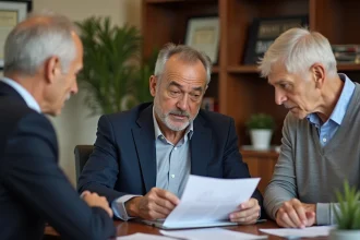 Conseiller financier présentant un investissement en résidence senior à un couple de retraités dans un bureau professionnel