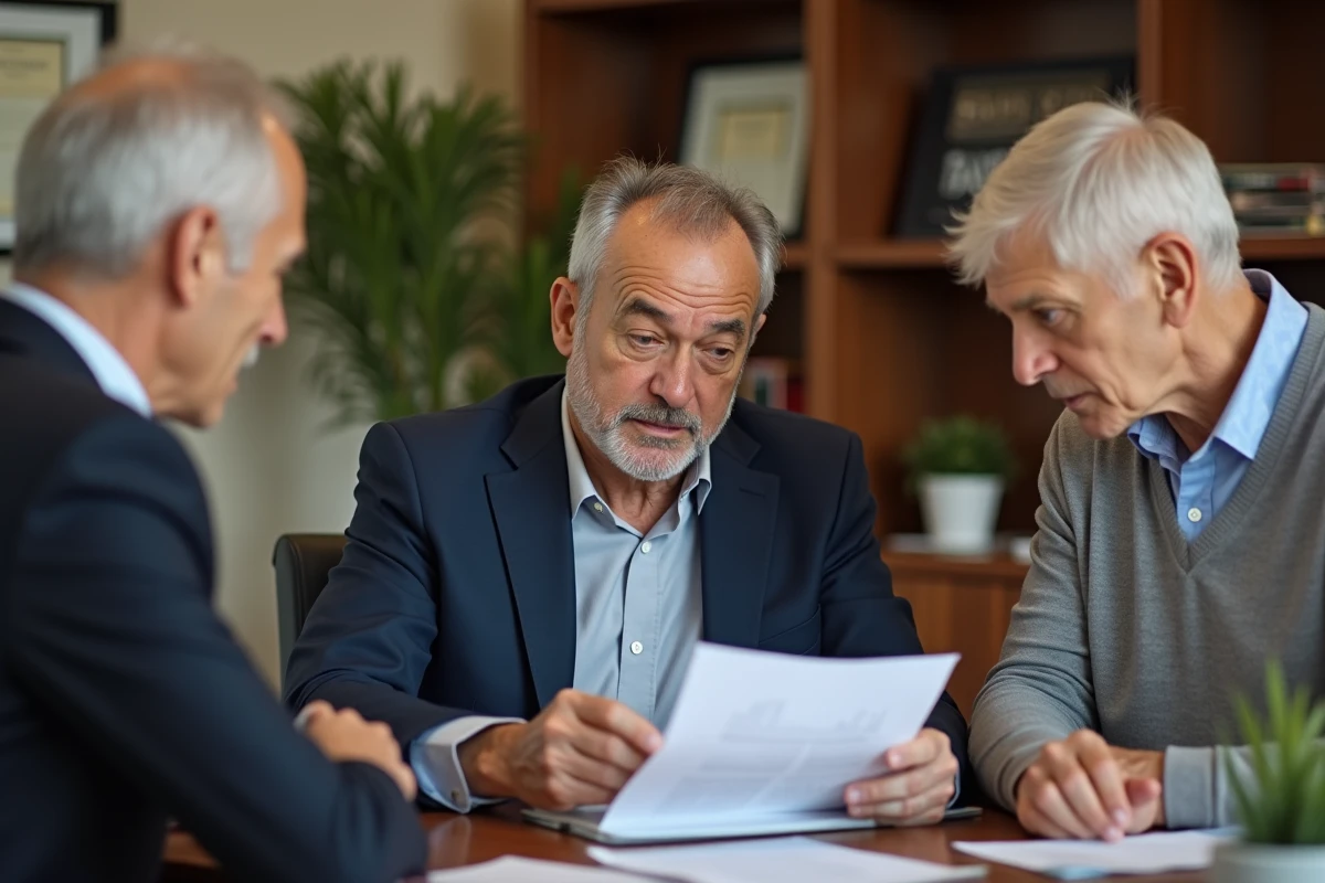 Conseiller financier présentant un investissement en résidence senior à un couple de retraités dans un bureau professionnel