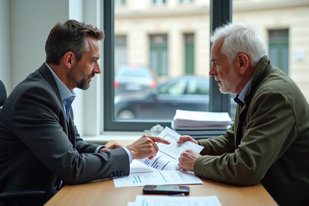 Conseiller financier expliquant l'impact de la revalorisation des retraites complémentaires Agirc-Arrco à un client retraité