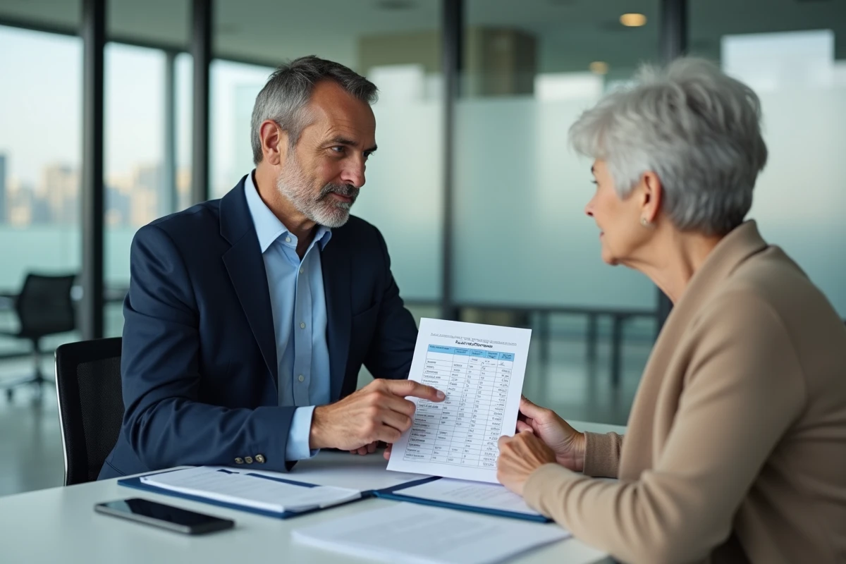 Conseiller financier expliquant la combinaison retraite de base et complémentaire Agirc-Arrco à une cliente senior