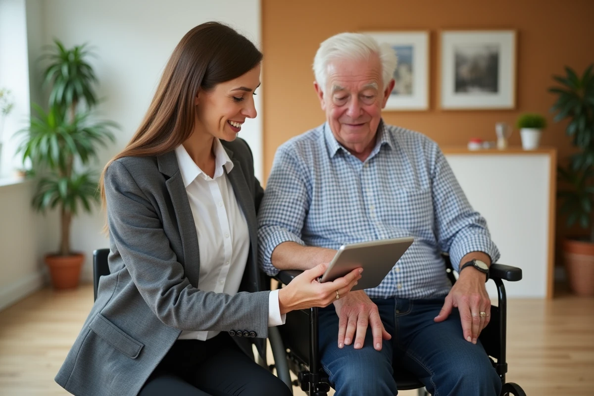Conseillère en établissement senior aidant un résident âgé à consulter un site de maison de retraite sur tablette
