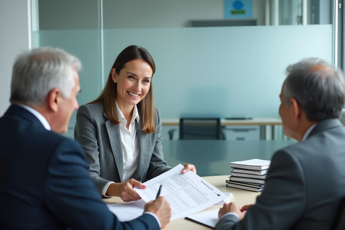 Conseillère expliquant le montant retraite scolinfo à un couple dans un bureau administratif
