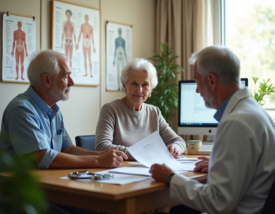 Couple de personnes âgées en consultation médicale discutant des résultats d'analyses sanguins liés au potassium et aux risques cardiovasculaires