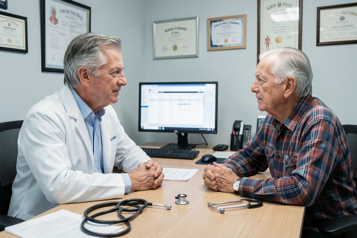 Médecin généraliste expliquant la posologie du RITONIC à un patient senior lors d'une consultation médicale