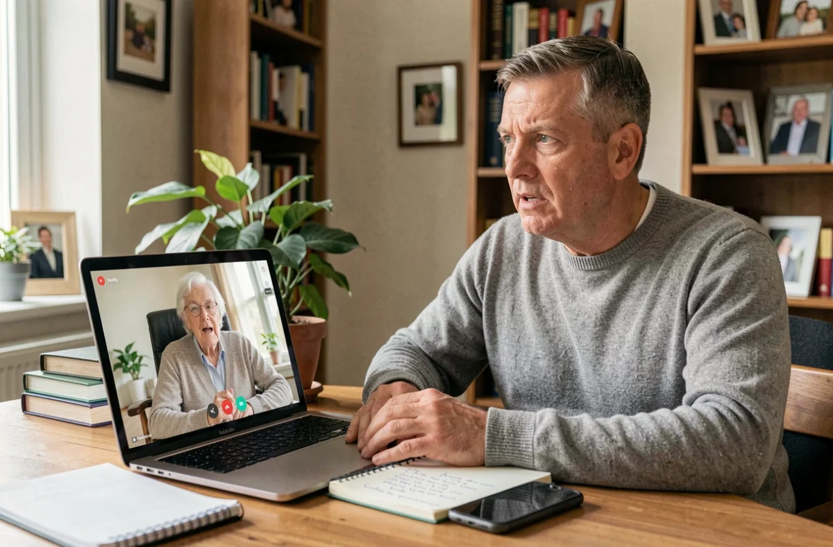 Un fils adulte coordonnant à distance le maintien à domicile de son parent âgé via un appel vidéo depuis son bureau